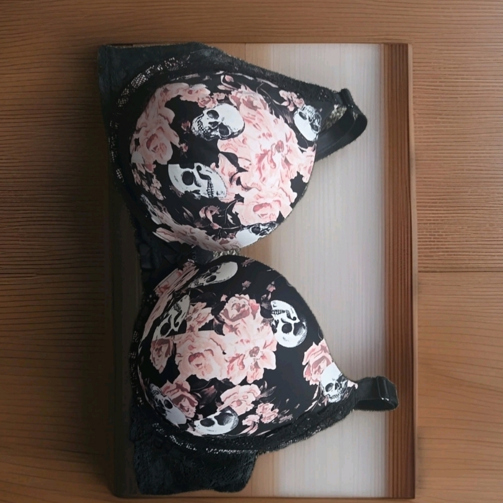 Torrid Black and Pink Floral Skull Bra